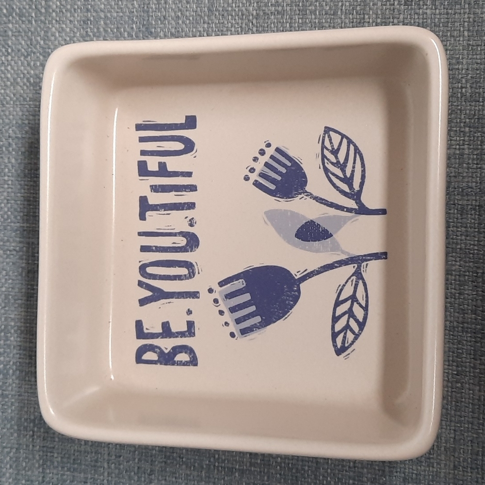 Ceramic Trinket Tray Dresser Dish Be.You.Tiful Jewelry Organizer Square Flowers